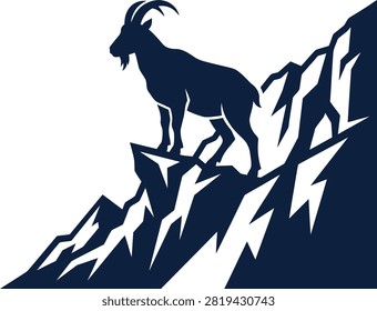 Silhouette of a mountain goat standing majestically on a rocky peak against a stark backdrop