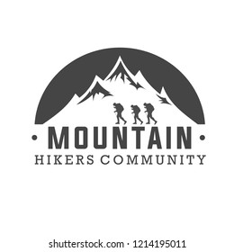 Silhouette of mountain with hikers walk across it. Vector illustration of nature lover community logo