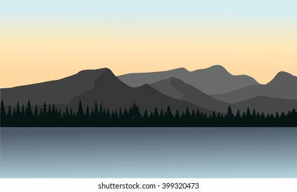 Silhouette of mountain and lake with gray background