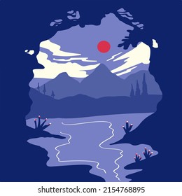 Silhouette Mountain Landscape vector illustrator with river, tree, and red moon, Dark night holiday wallpaper. Travel around the world background.