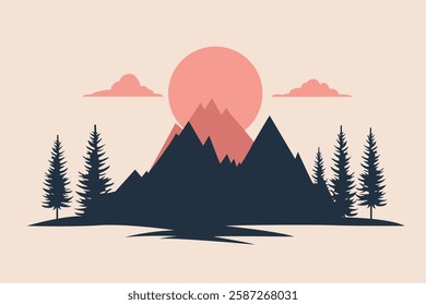 Silhouette of a mountain with pine trees at sunset and clouds. Hiking and climbing concept. Designed for travel and wilderness gear. Big mountain logo.