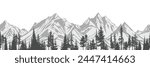 Silhouette mountain range and forest isolated on white background, seamless border, vector design