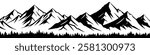 Silhouette mountain range and forest isolated on white background, seamless border, vector design