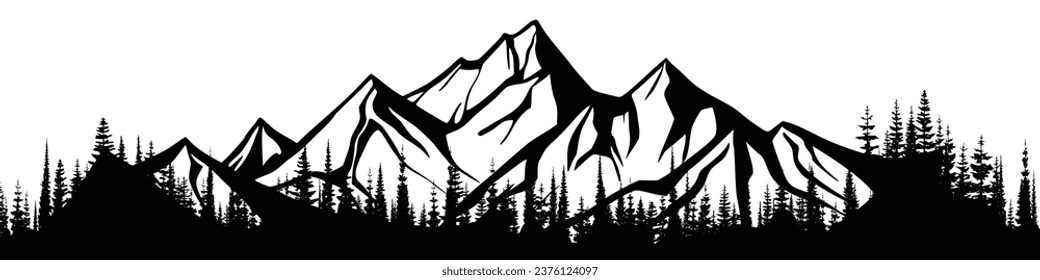 Sierra de silueta y bosque aislado en fondo blanco, diseño vectorial