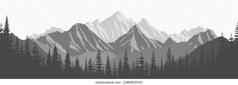 Silhouette mountain range and forest isolated on white background, vector design