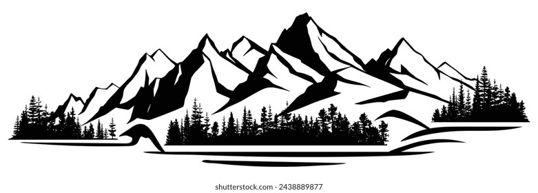 Silhouette mountain range and forest isolated on white background, vector design