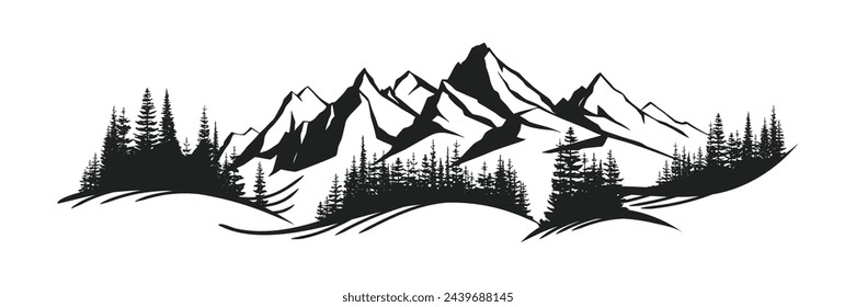 Silhouette mountain range and forest isolated on white background, vector design
