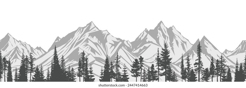 Silhouette mountain range and forest isolated on white background, seamless border, vector design