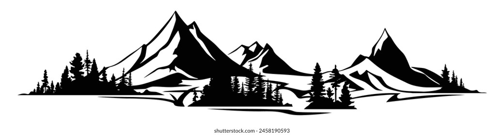 Silhouette mountain range and forest isolated on white background, vector design