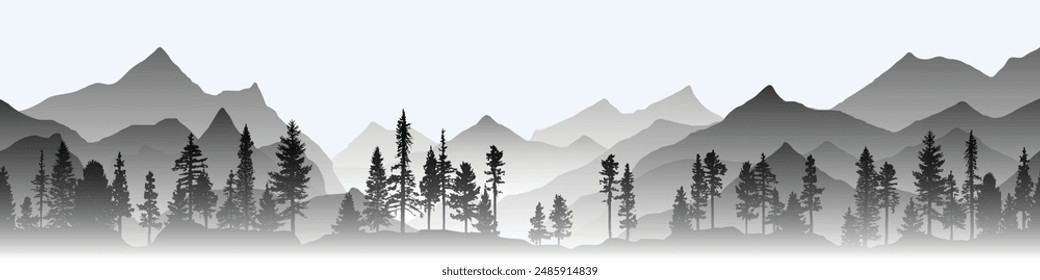 Silhouette mountain range and forest isolated on white background, vector design