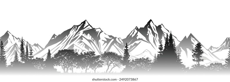 Silhouette mountain range and forest isolated on white background, vector design