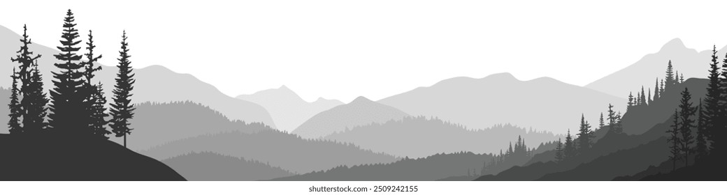 Silhueta cordilheira e floresta isolada em fundo branco, design vetorial