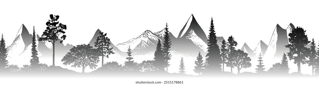 Silhouette mountain range and forest isolated on white background, seamless border, vector design	