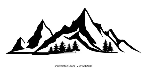 Silhouette mountain range and forest isolated on white background, vector design