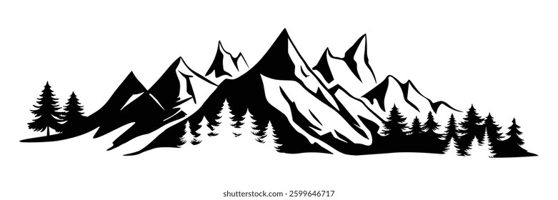Silhouette mountain range and forest isolated on white background, vector design