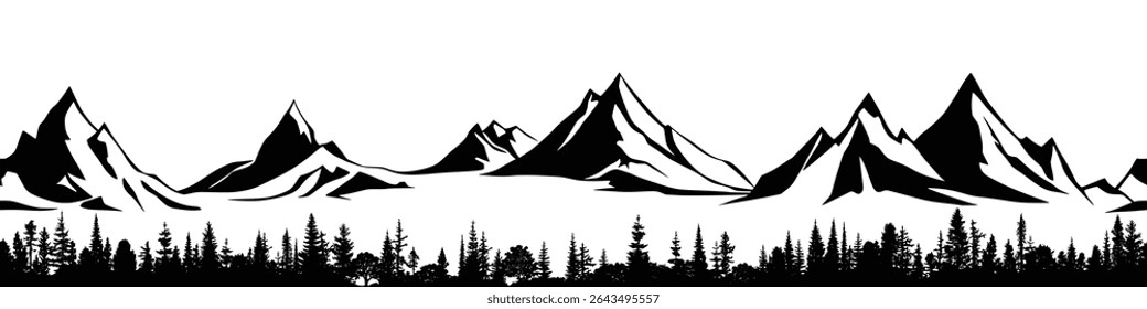 Silhouette mountain range and forest isolated on white background, seamless border, vector design
