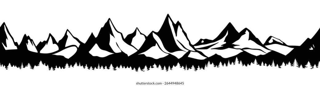 Silhouette mountain range and forest isolated on white background, seamless border, vector design
