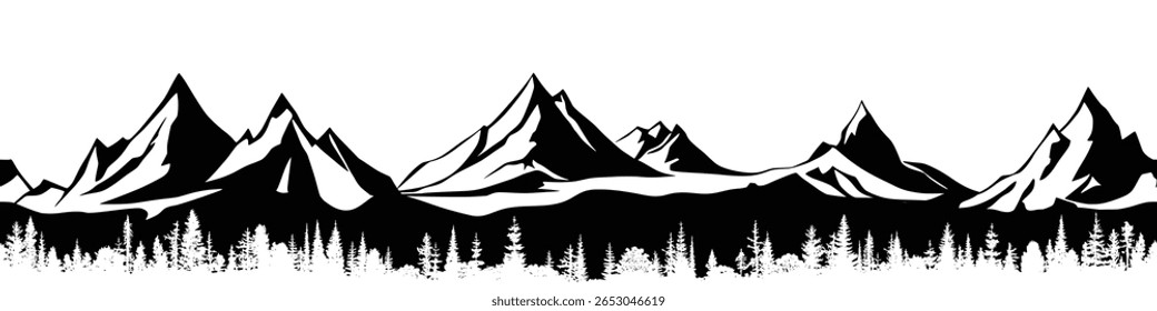 Silhouette mountain range and forest isolated on white background, seamless border, vector design