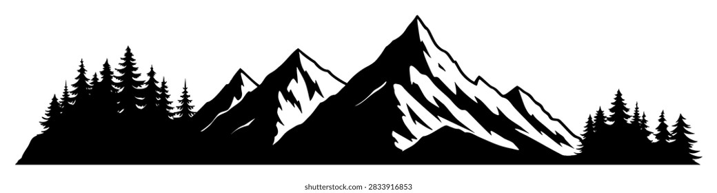 Silhouette mountain range and forest isolated on white background, vector design