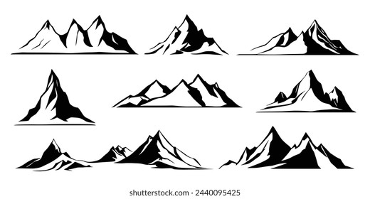 Silhouette mountain range isolated on white background, vector design set