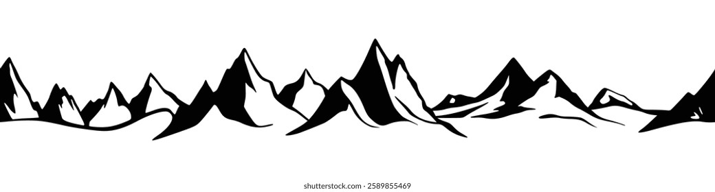 Silhouette mountain range isolated on white background, seamless border, vector design