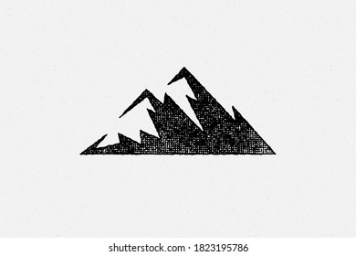 Silhouette mountain range and ravine as symbol of nature exploration hand drawn stamp effect vector illustration. Vintage grunge texture on old paper for poster or label decoration.