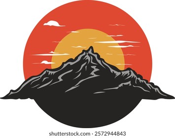 Silhouette of a mountain range with a setting sun backdrop