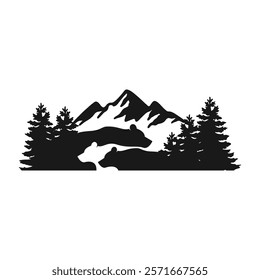 A silhouette of a mountain range with trees in the foreground.