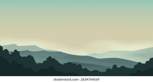 the silhouette of mountain ranges against a light sky, at dawn or dusk. Dark silhouettes of trees or hills, and several layers of mountains that gradually disappear in a light haze.