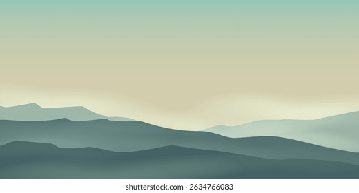 a silhueta das cadeias montanhosas contra um céu claro, ao amanhecer ou ao entardecer. Silhuetas escuras de colinas ou árvores, e camadas de montanhas que desaparecem em uma névoa leve.