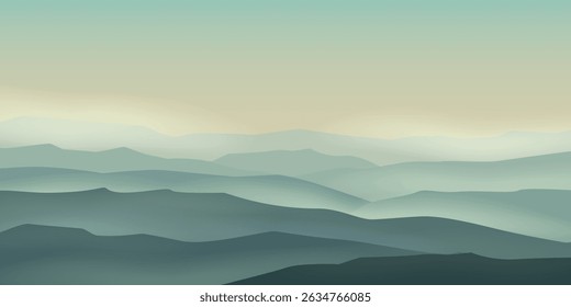a silhueta das cadeias montanhosas contra um céu claro, ao amanhecer ou ao entardecer. Silhuetas escuras de colinas ou árvores, e camadas de montanhas que desaparecem em uma névoa leve.
