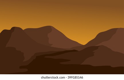 Silhouette of mountain and river with brown background