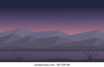 Silhouette of mountain and river at night vector flat