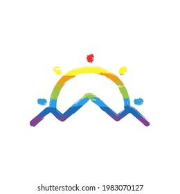 Silhouette of mountain, simple icon. Drawing sign with LGBT style, seven colors of rainbow (red, orange, yellow, green, blue, indigo, violet