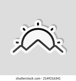 Silhouette of mountain, simple icon. Linear sticker, white border and simple shadow on gray background