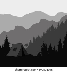 Silhouette of the mountain and the tent for trekking, vector illustration.