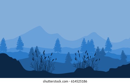 Silhouette of mountain with tree and grass scenery vector art