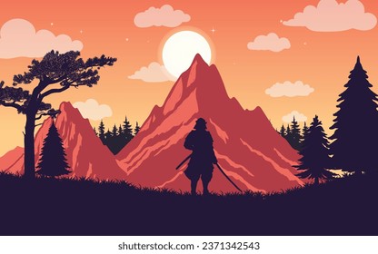 A silhouette mountain view with a samurai his swords, a beautiful sunset, forest