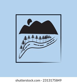 silhouette of mountain view with winding road and trees around it