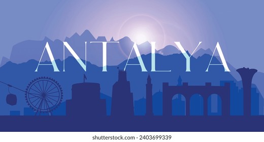 Silhouette of mountains borders and attractions in Antalya city, Turkey. Blue background