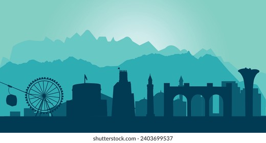 Silhouette of mountains borders and attractions in Antalya city, Turkey. Green background