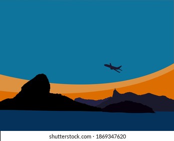 Silhouette of the mountains of the city of Rio de Janeiro at sunset and plane taking off. Vector illustration in EPS.