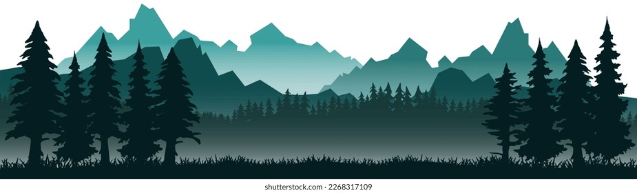 Silhouette of mountains forest woods in the morning, landscape panorama illustration icon vector for logo, isolated on white background