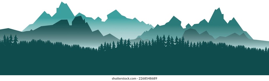 Silhouette of mountains forest woods in the morning, landscape panorama illustration icon vector for logo, isolated on white background