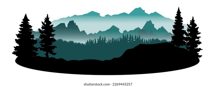 Silhouette of mountains forest woods in the morning, landscape panorama illustration icon vector for logo, isolated on white background