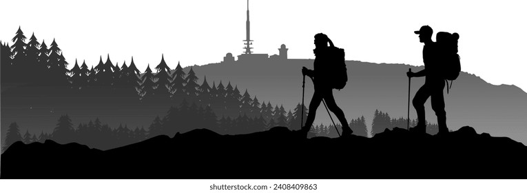 Silhouette mountains - mountains - hiker in the Harz Mountains with the Brocken in the background