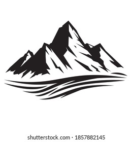 Silhouette mountains and landscape in grayscale sketch hand drawn style isolated on white background. Design element for print, cover, banner. Vector illustration.