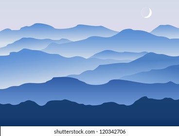 Silhouette of the mountains and the moon in the morning in the vector