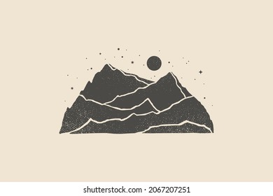 Silhouette of mountains with moon and stars drawn with a stamp effect. Night desert landscape. Vintage emblem. Vector illustration.