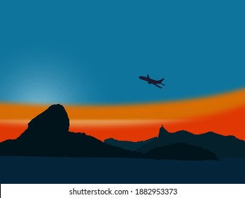 Silhouette of the mountains, natural monuments of the city of Rio de Janeiro at sunset and plane taking off. Vector illustration in EPS.